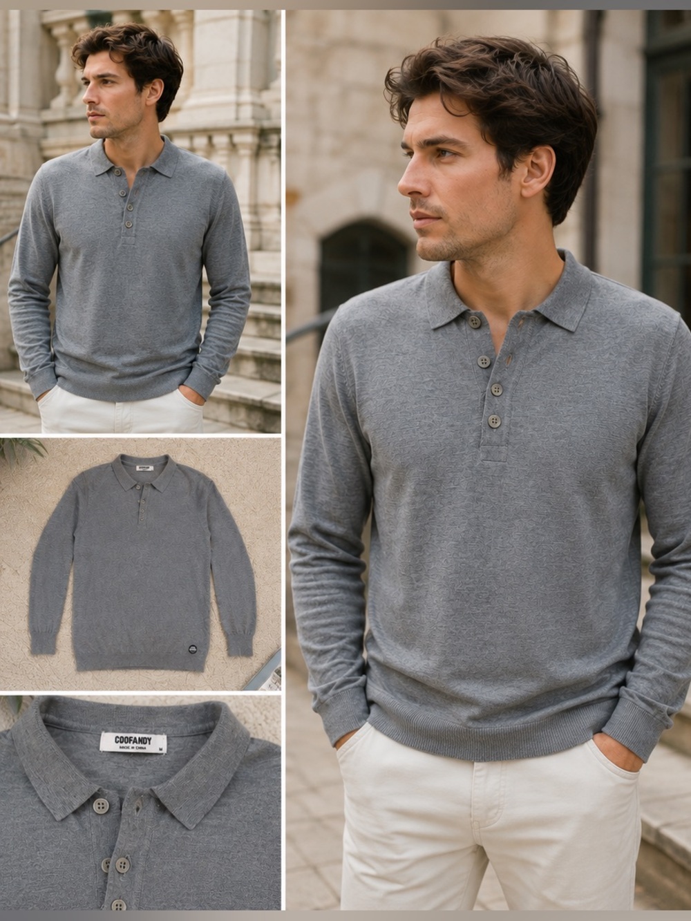 COOFANDY Gray Long Sleeve Knit Polo Sweater Men’s M
